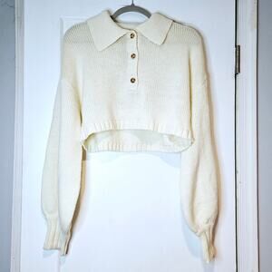 WeWoreWhat Cream Cropped Knit Polo Sweater Long Sleeve Small